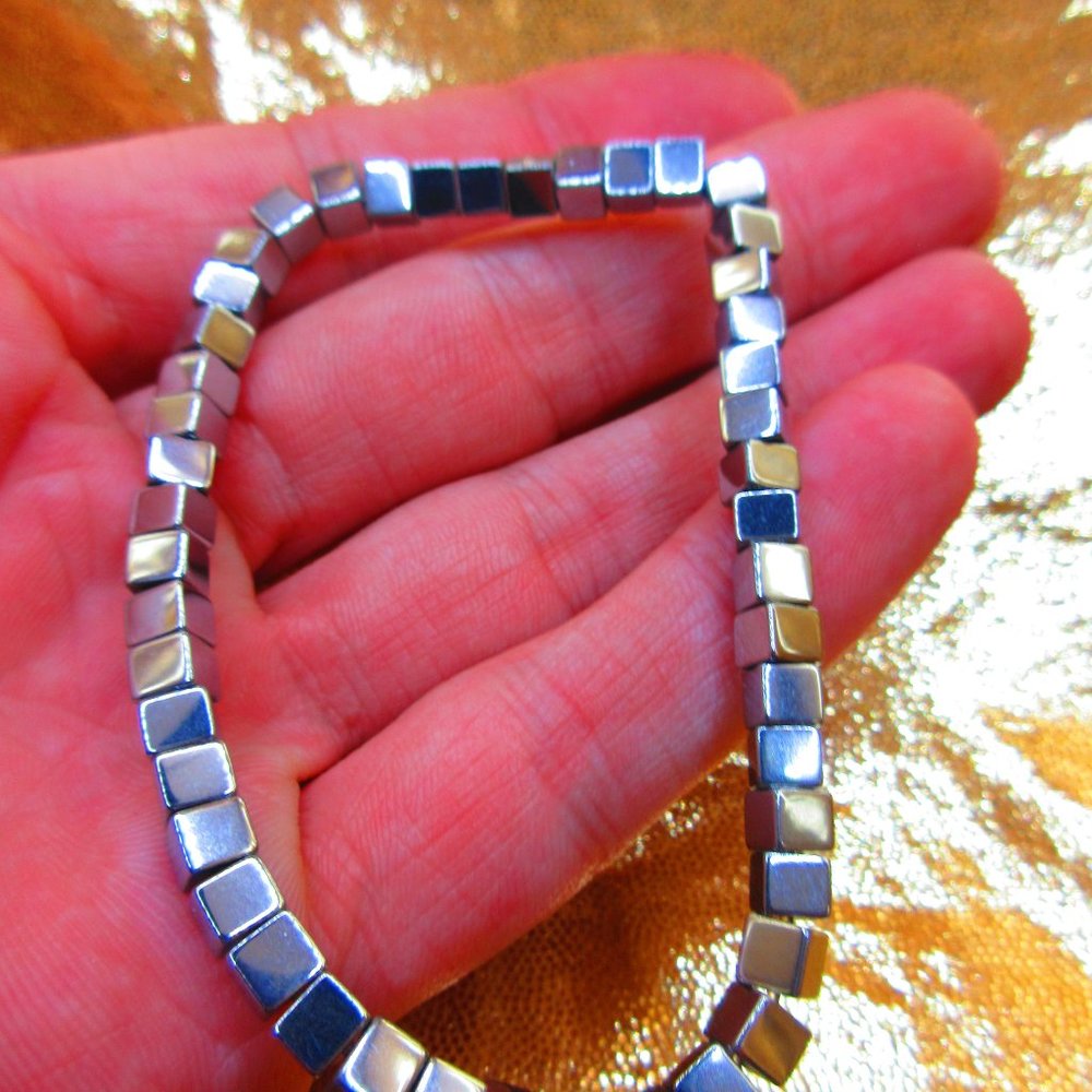 Silver Titanium Hematite 6mm Cube 7" Stretchy Gemstone Bracelet
